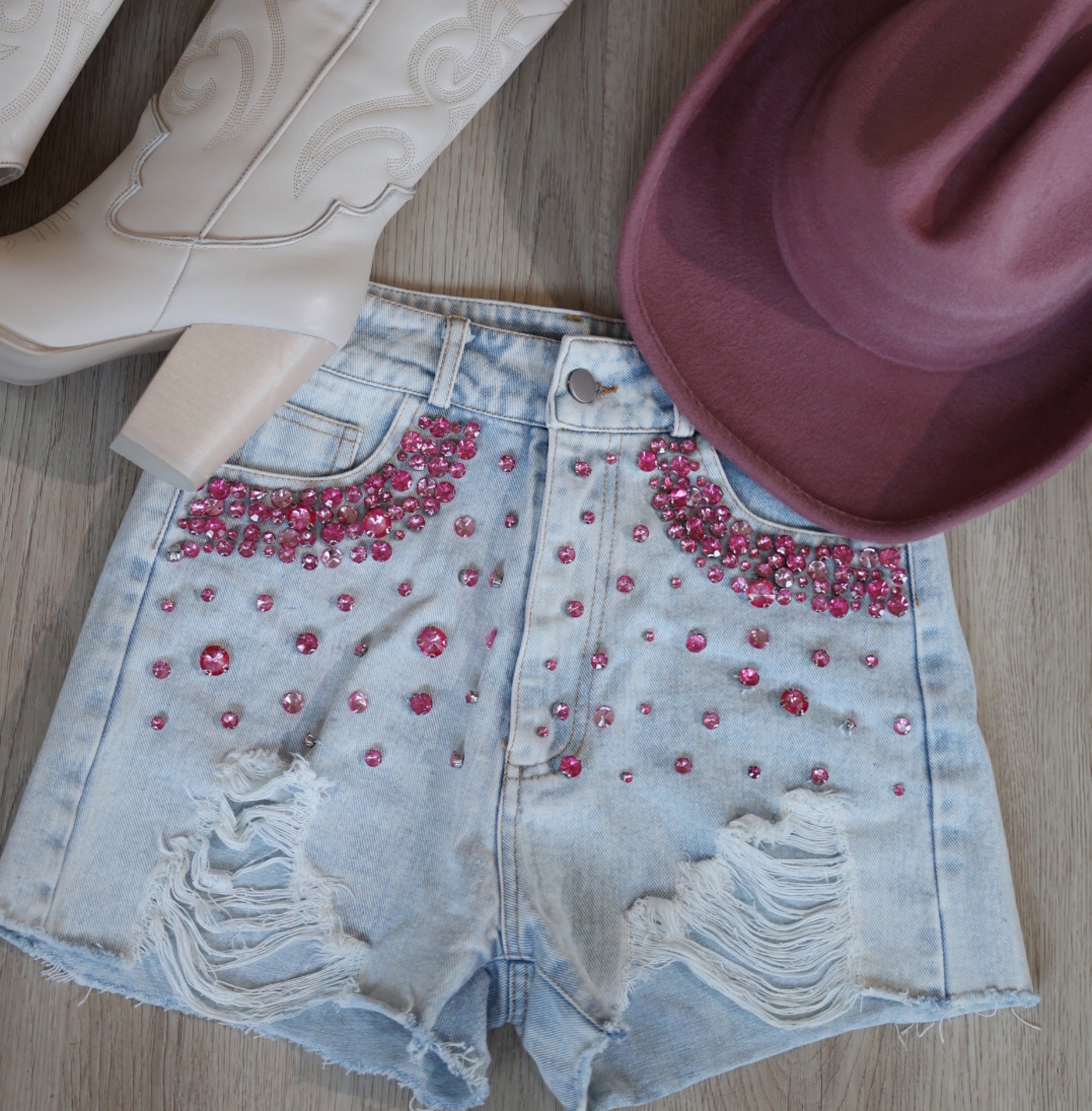 Pink Denim Shorts with Rhinestone Details